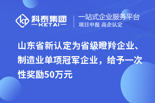 山東省新認(rèn)定為省級瞪羚企業(yè)、制造業(yè)單項冠軍企業(yè)，給予一次性獎勵 50 萬元
