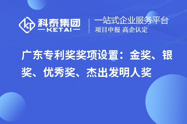 廣東專利獎(jiǎng)獎(jiǎng)項(xiàng)設(shè)置：金獎(jiǎng)、銀獎(jiǎng)、優(yōu)秀獎(jiǎng)、杰出發(fā)明人獎(jiǎng)