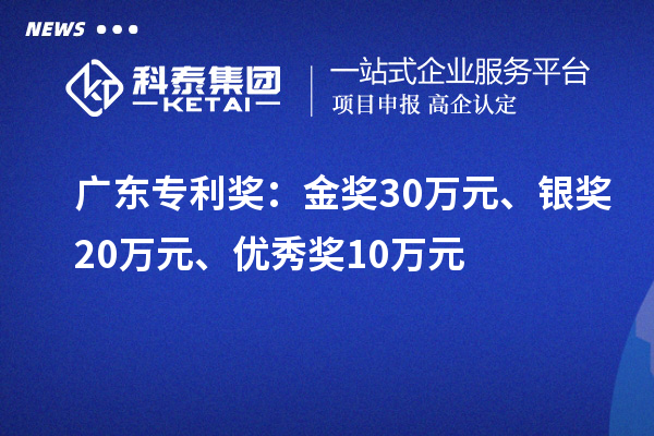 廣東專利獎：金獎30萬元、銀獎20萬元、優(yōu)秀獎10萬元（省級）