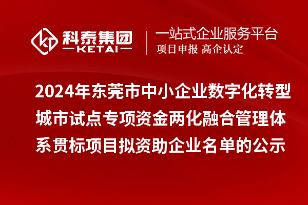 2024年東莞市中小企業(yè)數(shù)字化轉型城市試點專項資金兩化融合管理體系貫標項目擬資助企業(yè)名單的公示