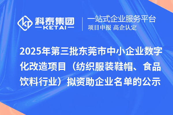 2025年第三批東莞市中小企業(yè)數(shù)字化改造項目（紡織服裝鞋帽、食品飲料行業(yè)）擬資助企業(yè)名單的公示